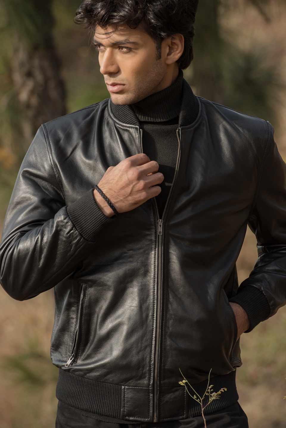 Custom Chris Black Leather Bomber Jacket